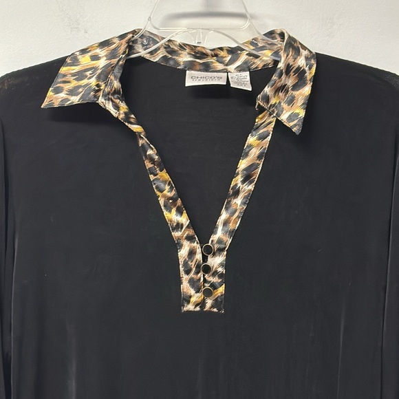 Chicos Travelers Womens XL Black Animal Print Trim Liquid Stretch Knit Top work - Picture 2 of 8
